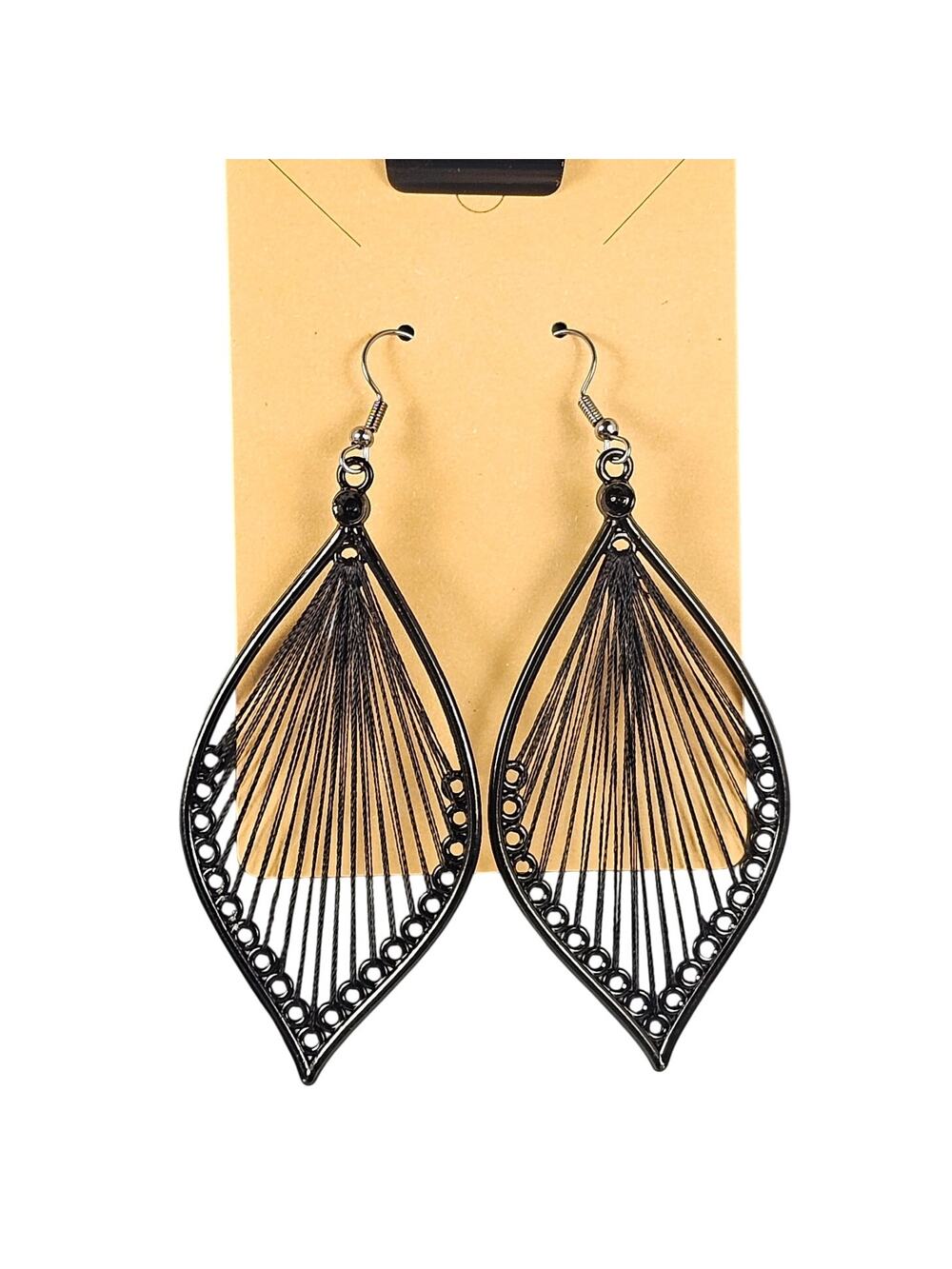 Black Teardrop String Thread Dangle Earrings Boho Openwork Lightweight Earrings